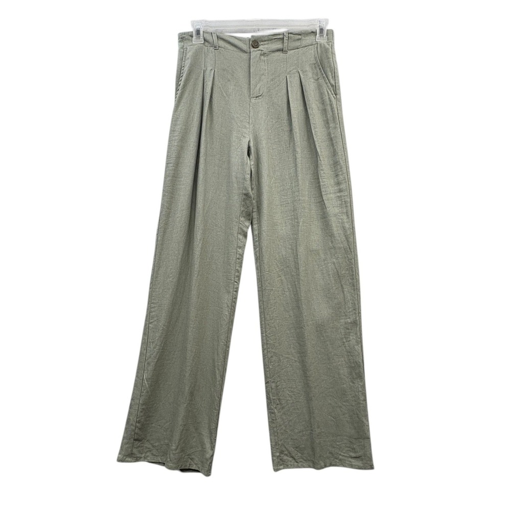 Love Tree Sage Green Linen Blend Wide Leg Pants Pleated High Rise Relaxed L